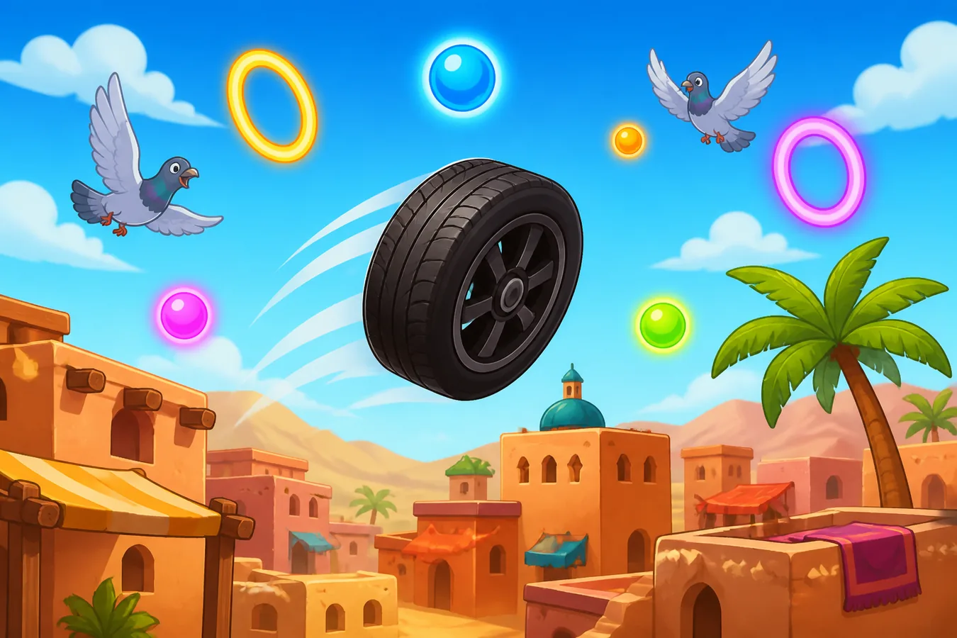The tire in flight over a sunny desert village and glowing pickups