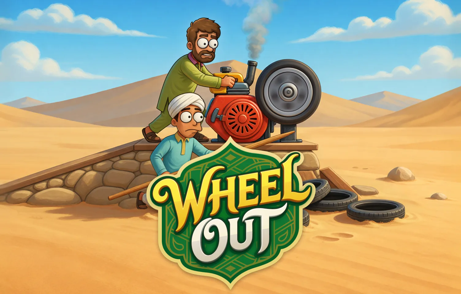 Wheel Out key art: two mechanics, a launch motor and spare tires in the sand