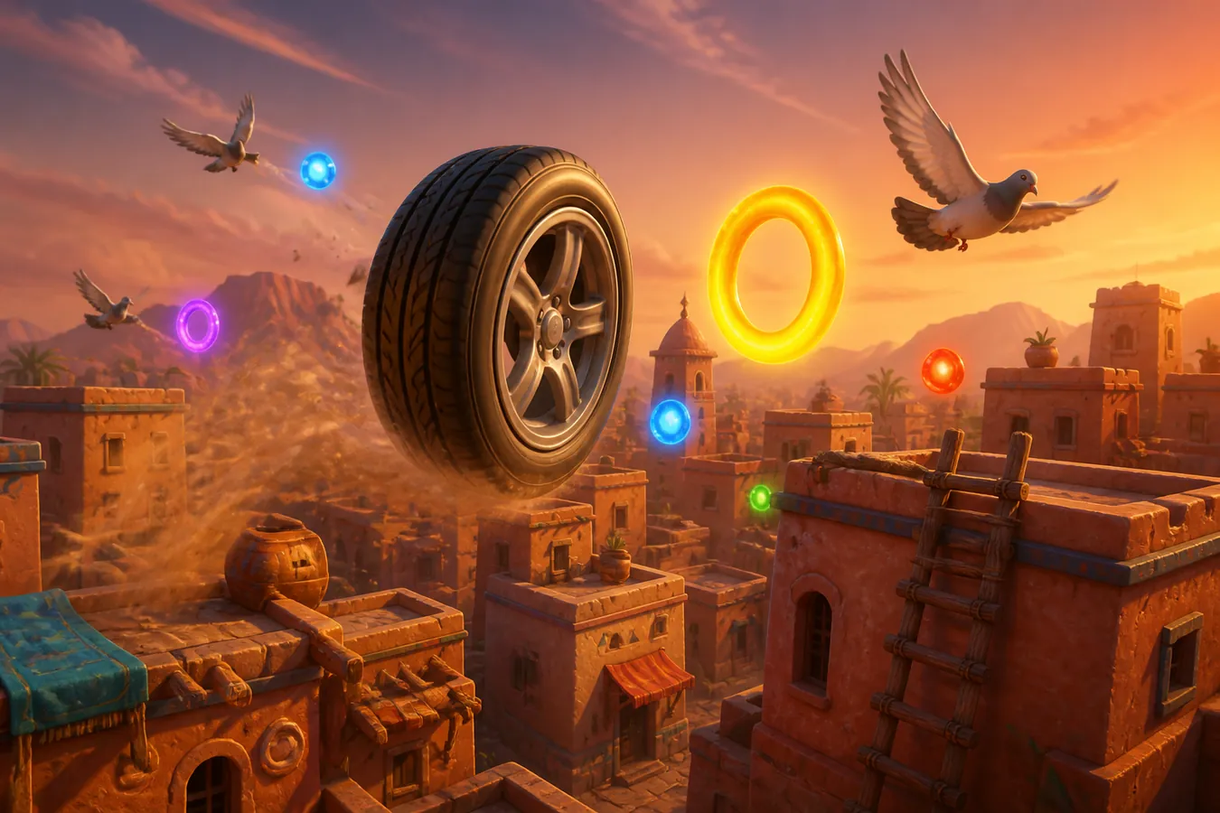 A tire flying over a desert village past glowing pickups and pigeons