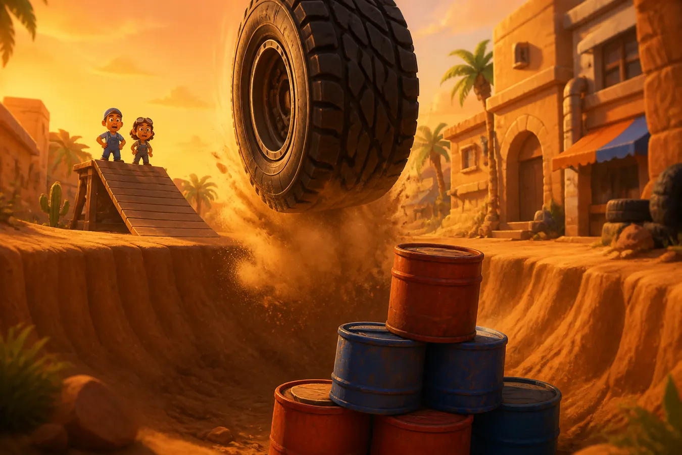 A tire coming down toward a sandy pit and stacked barrels at dusk