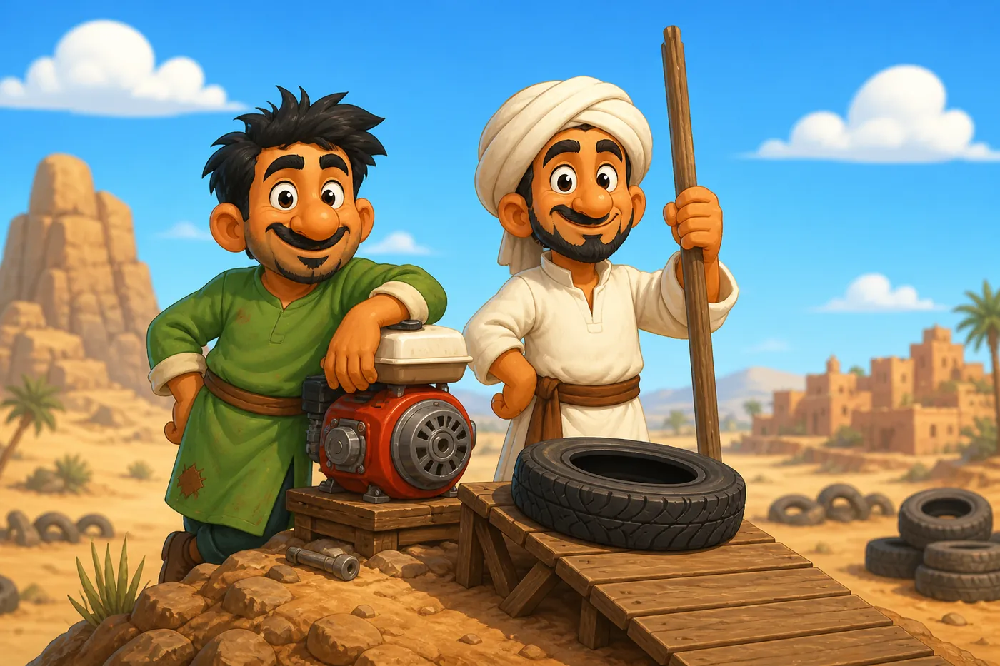 Two cartoon mechanics on a rocky mound with a tire on a wooden ramp