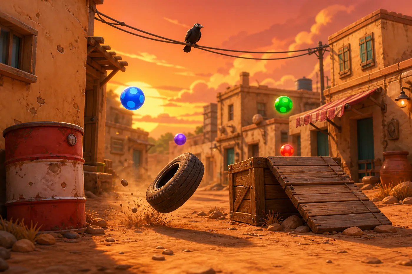Desert village street with a bouncing tire, a fuel barrel and floating arcade orbs